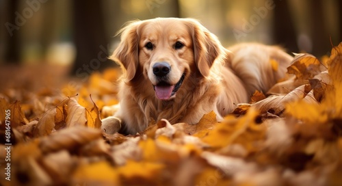 Golden retriever dog sitting on a pile of dry maple leaves, autumn theme concept