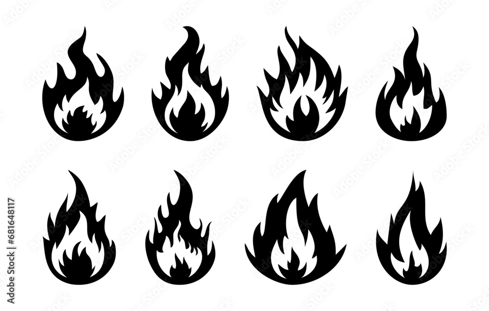 Fire icons. Set of bright burning flame and bonfire icons. Burn sign collection. Vector illustration Fire icons. Set of bright burning flame and bonfire icons. Burn sign collection. Vector illustration