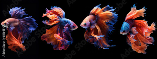 Set of aggressive Siamese Fishing Fish, Betta with multi vibrant colors isolated black background