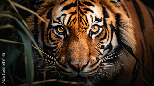 Capturing a close-up of a perilous wildcat in its tropical forest habitat  with its black and orange striped fur and alert eyes.