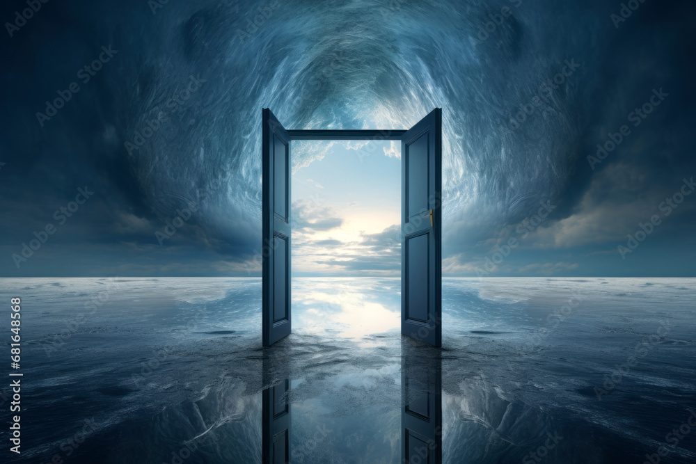 Open door concept with swirling clouds and sunlight - obrazy, fototapety, plakaty 