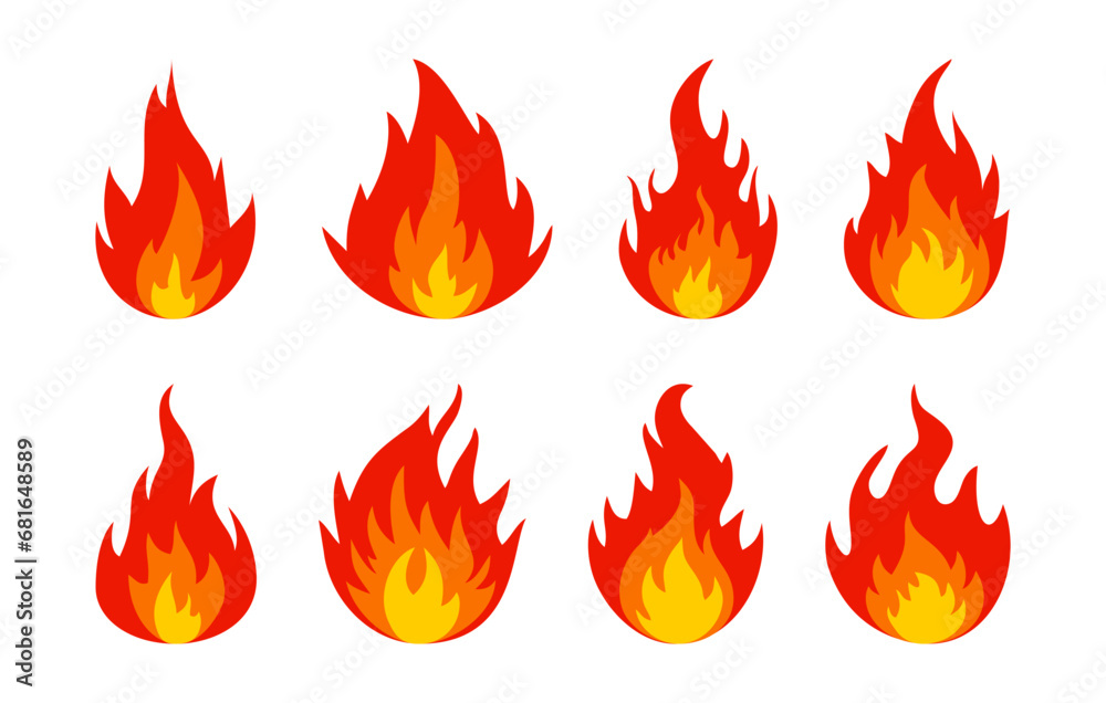 Fire icons. Set of bright burning flame and bonfire icons. Burn sign collection. Vector illustration Fire icons. Set of bright burning flame and bonfire icons. Burn sign collection. Vector illustration
