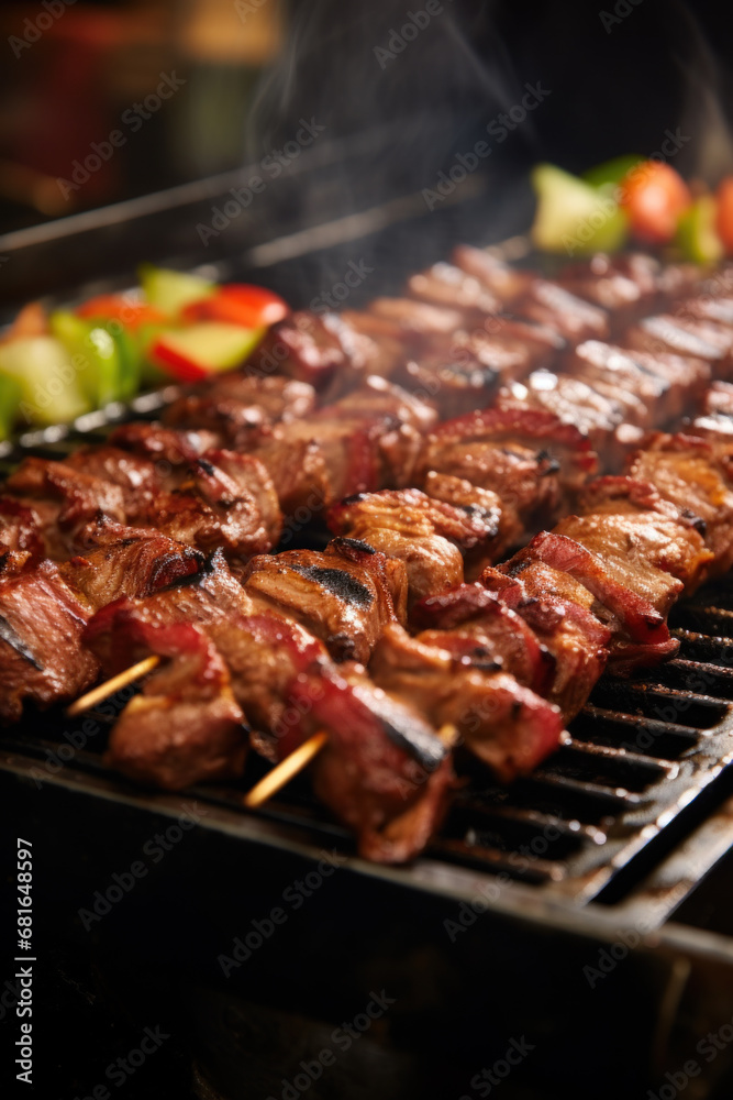 Juicy grilled kebab skewers on wooden cutting board