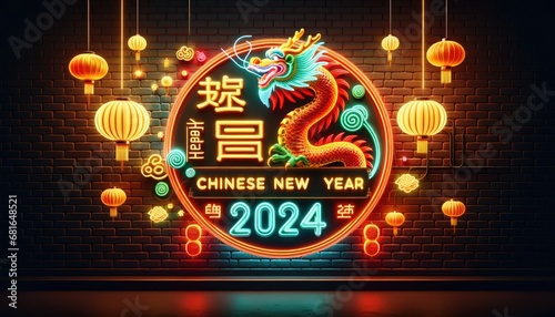 Chinese New Year 2024 background, brick wall with neon lights, Chinese New Year 2024, dragon elements with zodiac year of the dragon with hanging Chinese lanterns and festive decorations. photo