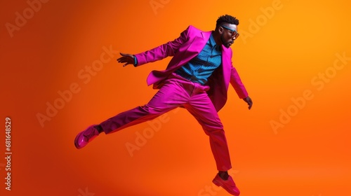 Full length body size view of attractive cheerful guy dancing having fun in studio ,isolated on colorful background.
