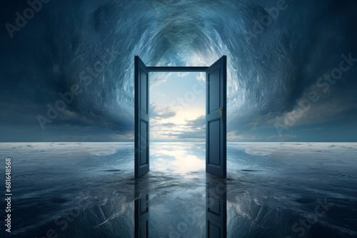 Open door concept with swirling clouds and sunlight photo