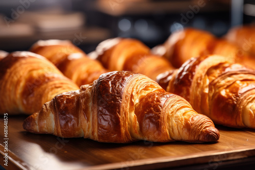 Golden croissants on wooden bakery counter © Photocreo Bednarek