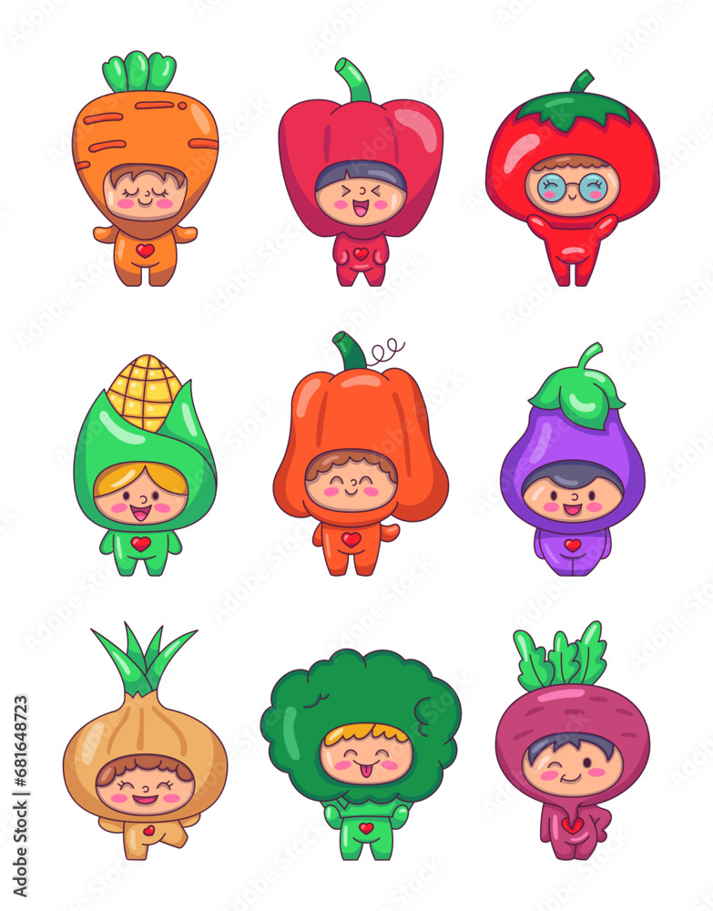 Fototapeta premium Cute children in vegetables costumes. Adorable boys and girls cartoon characters in clothes carrot, pepper, tomato, corn, pumpkin, eggplant, onion, broccoli, beet.