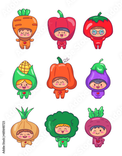 Cute children in vegetables costumes. Adorable boys and girls cartoon characters in clothes carrot, pepper, tomato, corn, pumpkin, eggplant, onion, broccoli, beet.