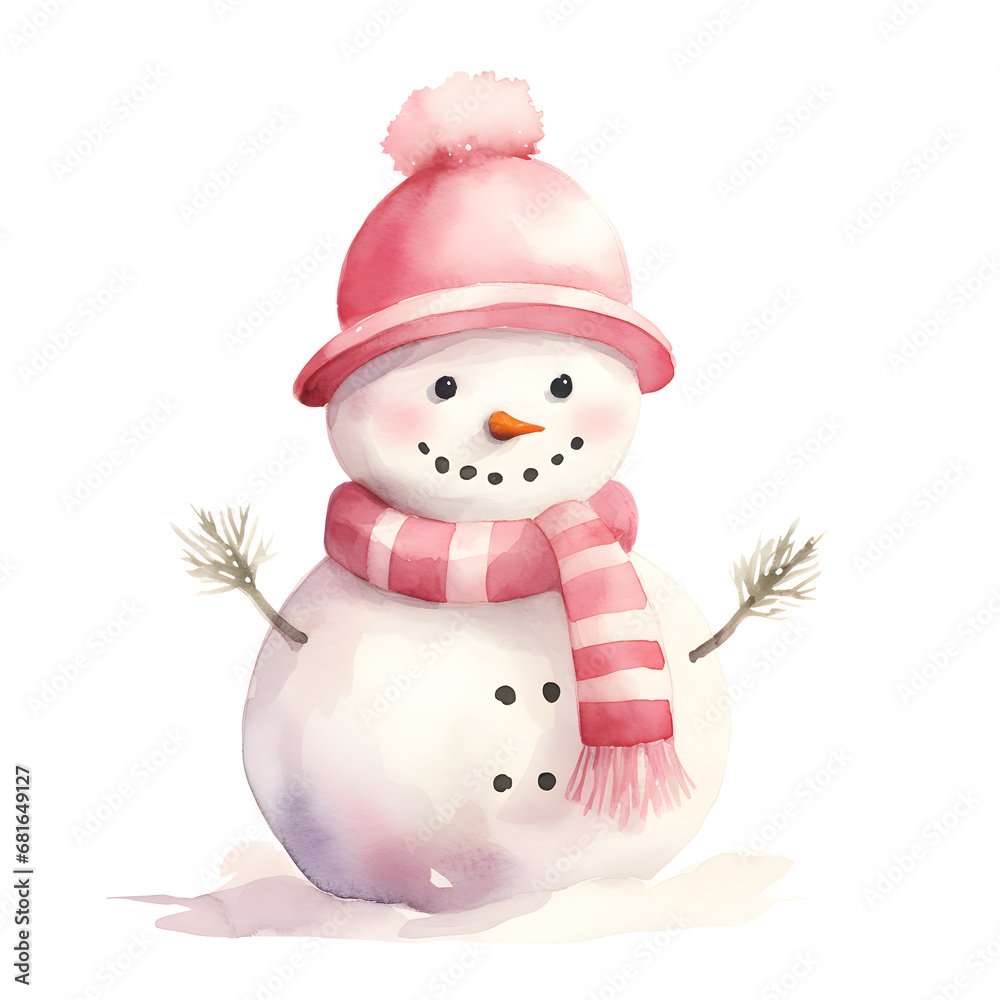 Watercolor Pink Christmas Snow man Watercolor Pink Christmas Snow man