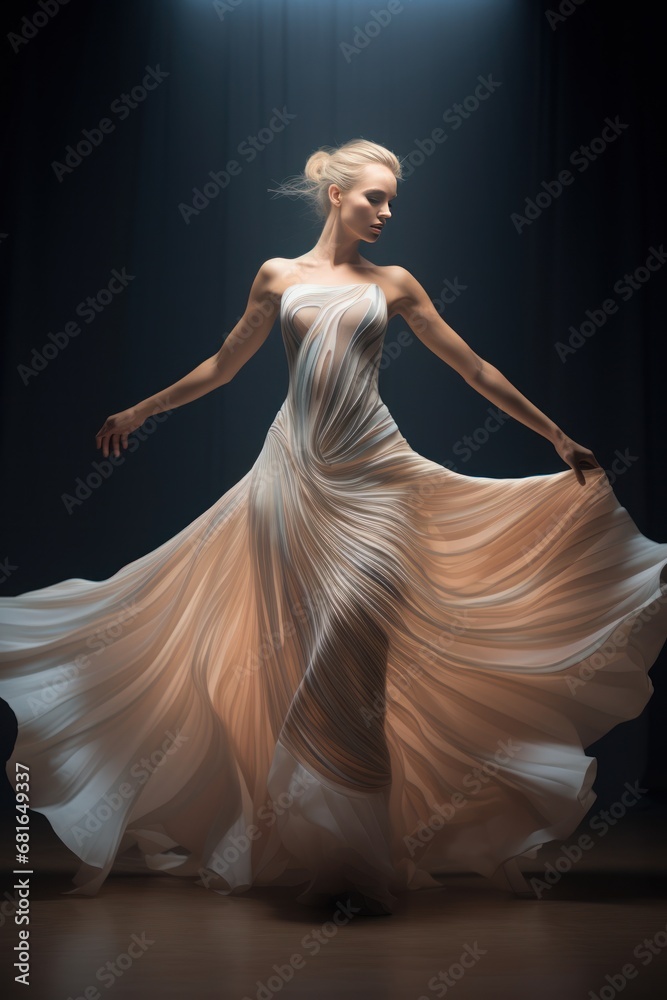 Beautiful slender woman in flowing elegance light dress. Fashion model in glittering party gown over sparkle dark background. Harmony. Beautiful slender woman in flowing elegance light dress. Fashion model in glittering party gown over sparkle dark background. Harmony.