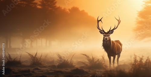 Mighty red deer standing in the savanna with dense fog in the morning, autumn theme