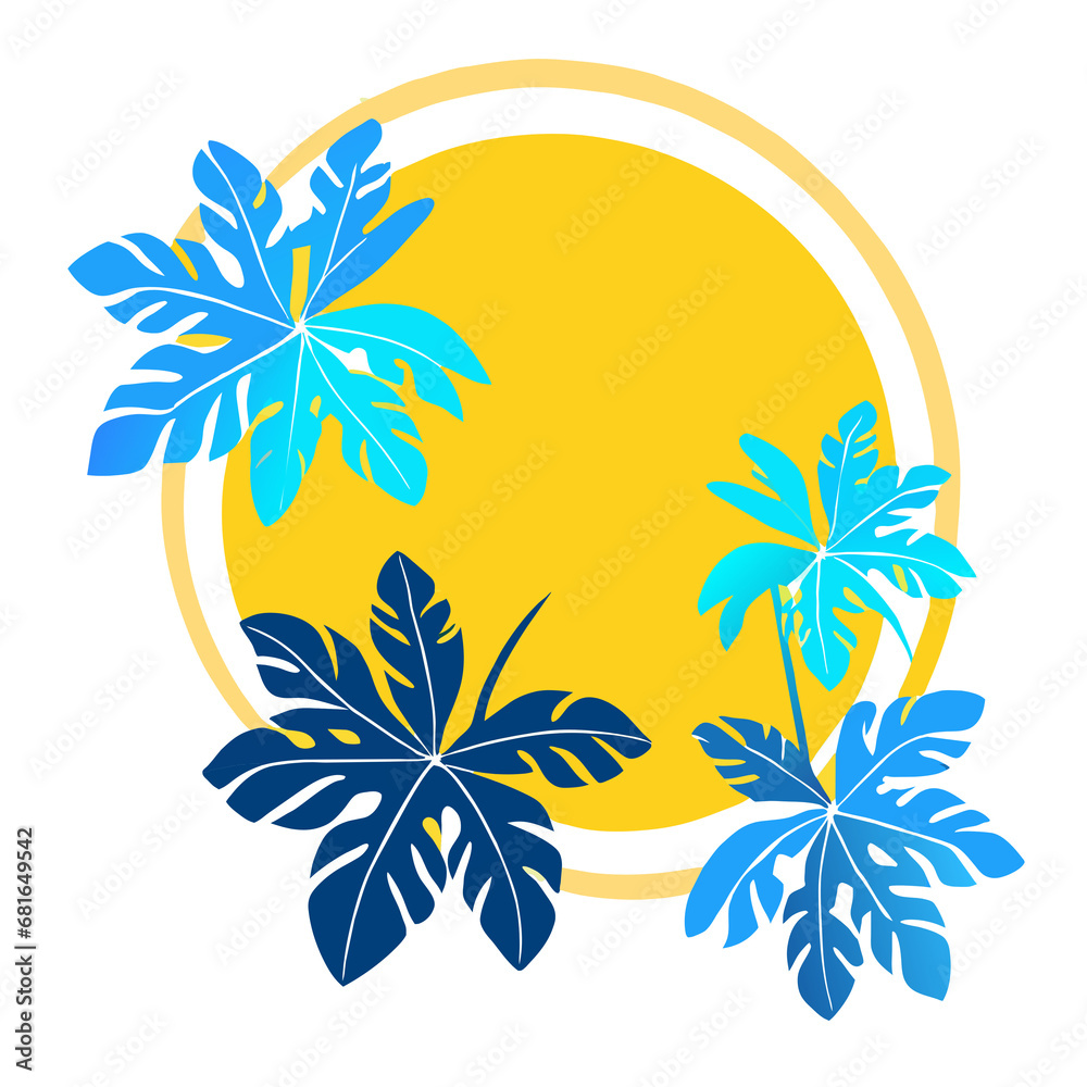 Tropical palm leaves frame on yellow and light blue background, minimal nature, summer style.