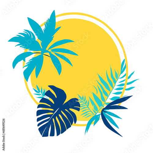 Tropical palm leaves frame on yellow and light blue background  minimal nature  summer style.