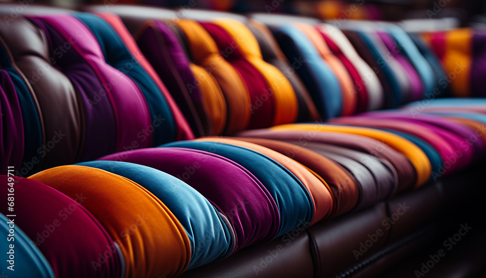 Fototapeta premium A vibrant collection of colorful textiles on a modern sofa generated by AI