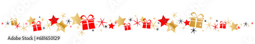 Frise étoiles et paquets cadeau rouges et or / Fond transparent	 photo