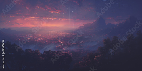  a purple sun setting over an alien fantasy scene