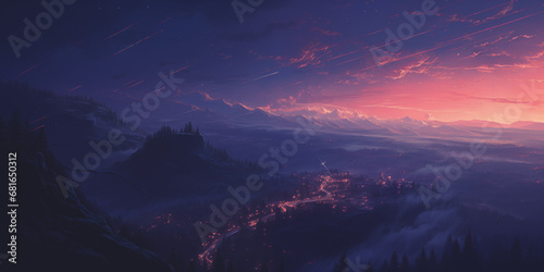  a purple sun setting over an alien fantasy scene