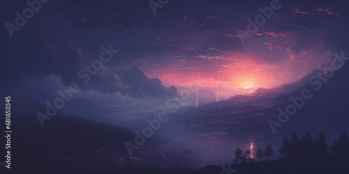  a purple sun setting over an alien fantasy scene