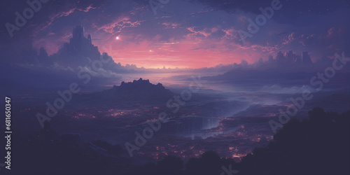  a purple sun setting over an alien fantasy scene