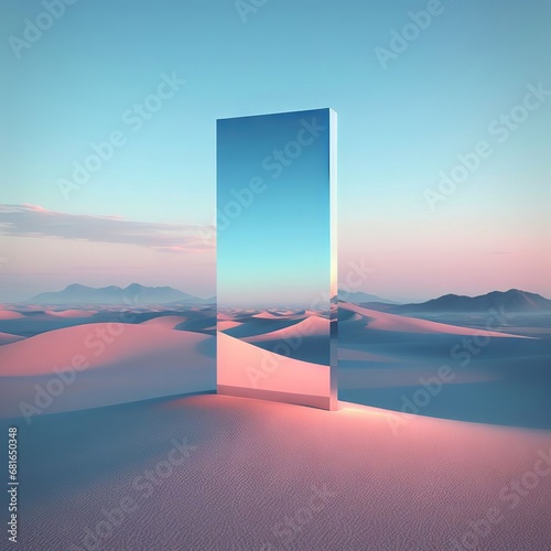 A mirrored square is in the middle of a sandy desert. The sky is blue with pink clouds.