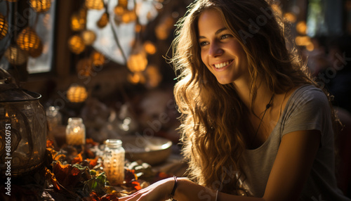 Young woman enjoying a drink, smiling, looking at camera generated by AI