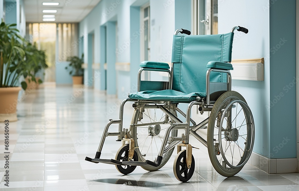 In the hospital corridor, a lone wheelchair.