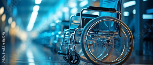 In the hospital corridor, a lone wheelchair.