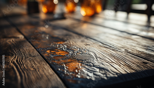 Rustic wooden table with wet plank, nature textured backdrop generated by AI
