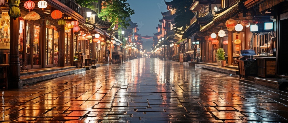 Chinese night market street, vibrant and busy. - obrazy, fototapety, plakaty 