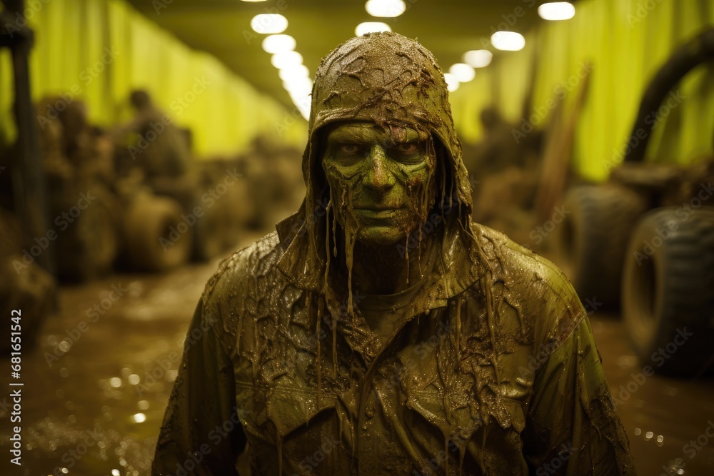 Zombie Apocalypse Survivor Covered in Mud in an Abandoned Warehouse Generative AI Zombie Apocalypse Survivor Covered in Mud in an Abandoned Warehouse Generative AI