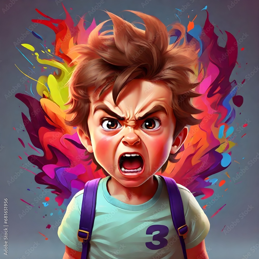 Illustration of a little angry screaming boy with colorful splashes background. Pop art style illustration.