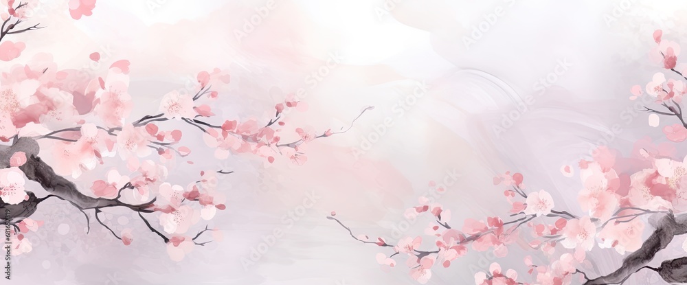 Cherry branches announcing the spring and beautiful season. Delicate, artistic watercolor blooming nature design background for card, banner. - obrazy, fototapety, plakaty 