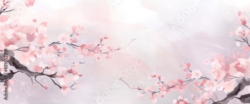 Cherry branches announcing the spring and beautiful season. Delicate, artistic watercolor blooming nature design background for card, banner. photo