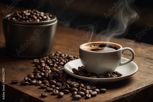 Close-up shot of A cup of coffee, surrounded by scattered coffee beans on a dark wooden surface. Professional contrast lighting. photo