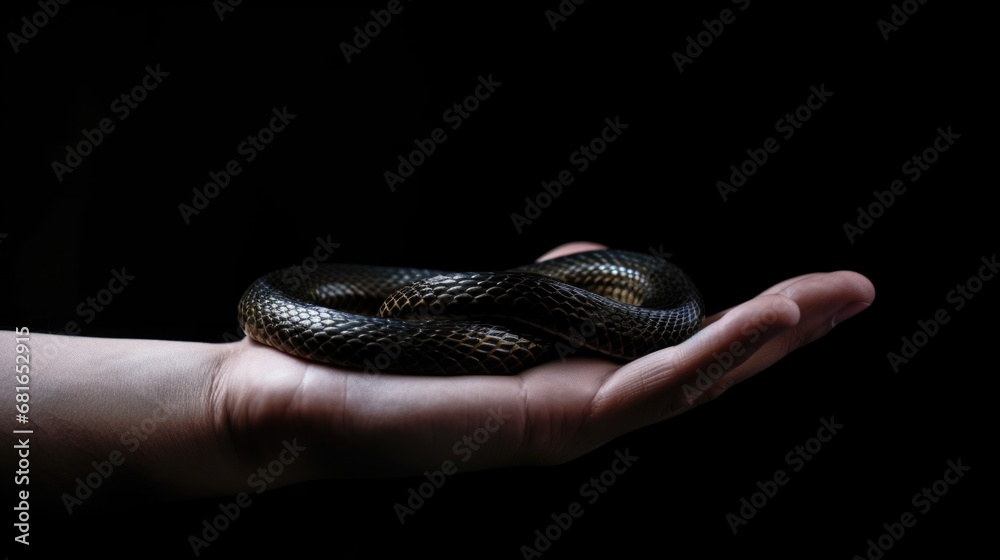 Fototapeta premium hand holding a black snake, isolated black background