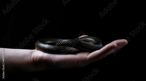 hand holding a black snake, isolated black background