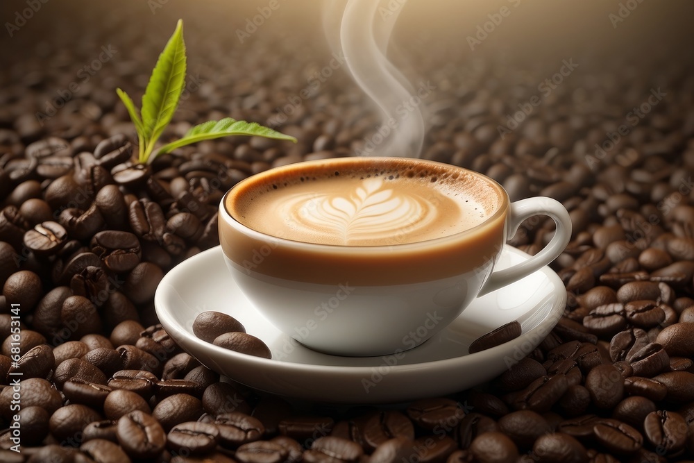 Obraz premium Close-up shot of A cup of coffee, surrounded by scattered coffee beans on a dark wooden surface. Professional contrast lighting.