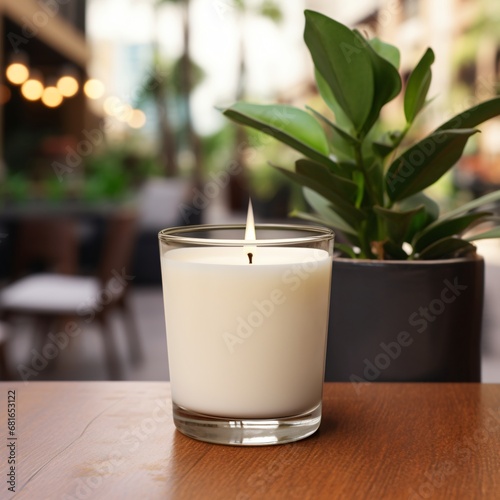 blank scented candle glass mock up on the blurred cafe background