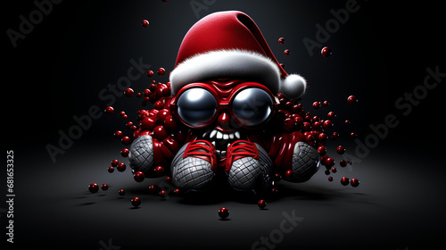 Figurine et mascotte drôle de Noël, petit monstre tout rouge, hyper expressif, hilarant, boule animation cartoon, dessin animé et animation photo