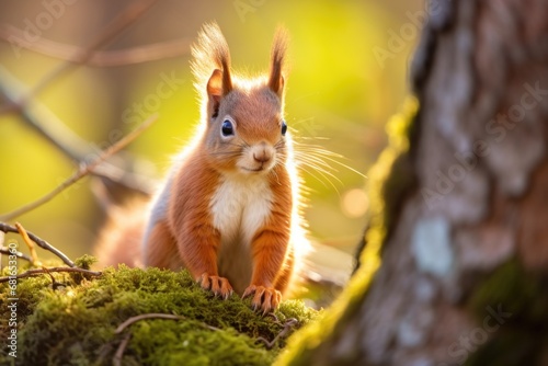 Spring scene with a cute red squirrel. Sciurus vulgaris. European squirrel sitting on the tree stump