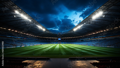 Bright spotlight illuminates large empty soccer field at night generated by AI