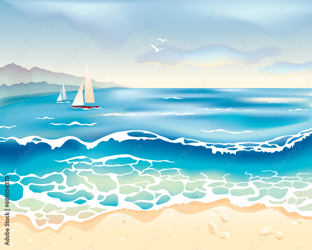 Vector landscape with sea waves, yachts and mountains