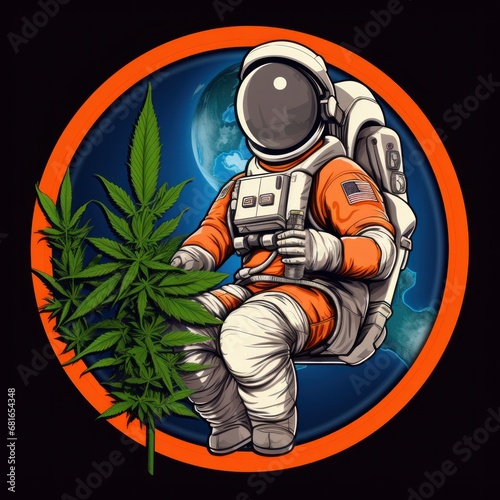 Astronaut growing cannabis in other planet. Astronaut Smoking a Weed. Sticker. Logotype.