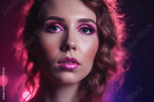 Woman beautiful pink makeup in studio lights. Young skin body glowing model. Generate Ai