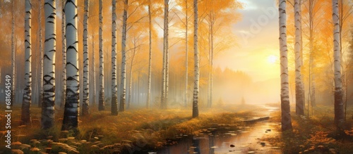 Autumn forest nature with yellow leaves and trees landscape. AI generated