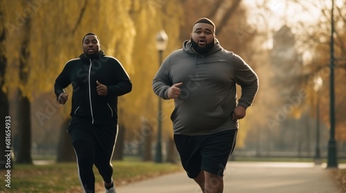 Overweight male friends doing sports together running in park with yellow foliage on trees losing weight. Active lifestyle and desire to lose excess weight. Support from friend.