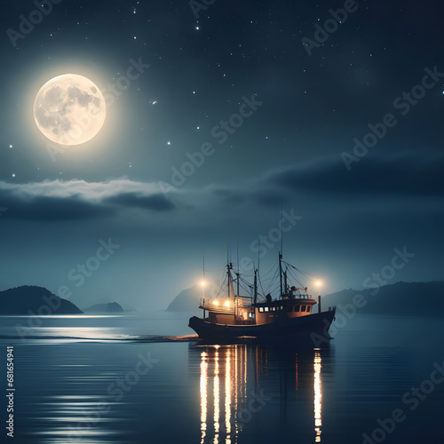 a fishing boat sailing at night with the full moon illuminating the scene. Generative AI