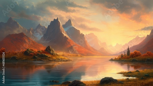 Autumnal Glow: Majestic Mountains by the Lake at Sunset 