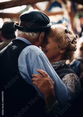 A couple wearing traditional Bavarian attire, sharing a dance at a German Carnival event